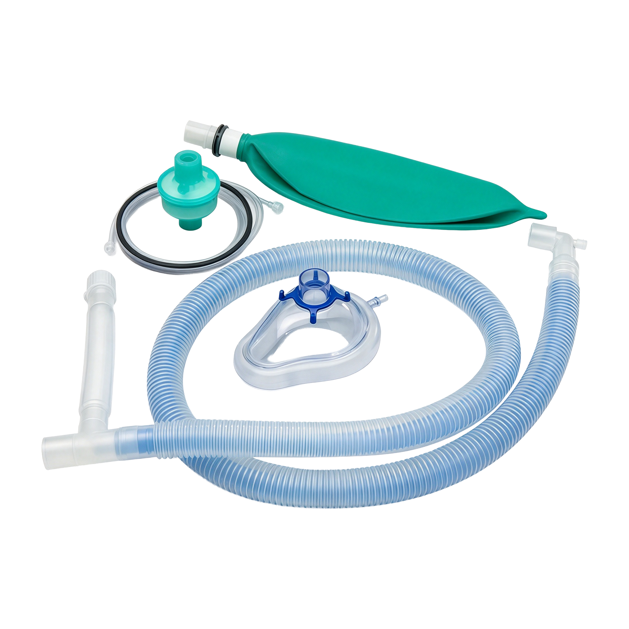 Coaxial anesthesia circuit set with filter, anesthesia mask, breathing bag and gas sampling line