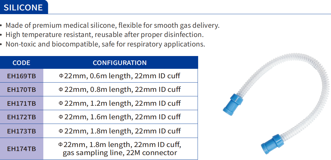 Reusable silicone breathing circuit with corrugated tubing and 22 mm connectors
