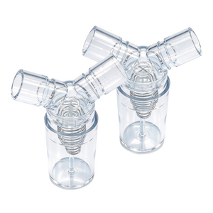 Reusable water trap for breathing circuit with drain port and standard connectors